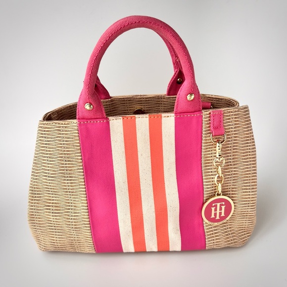 Tommy Hilfiger Preppy Jolene Printed Straw w/ Printed Stripes Pink Handbag - Picture 2 of 16